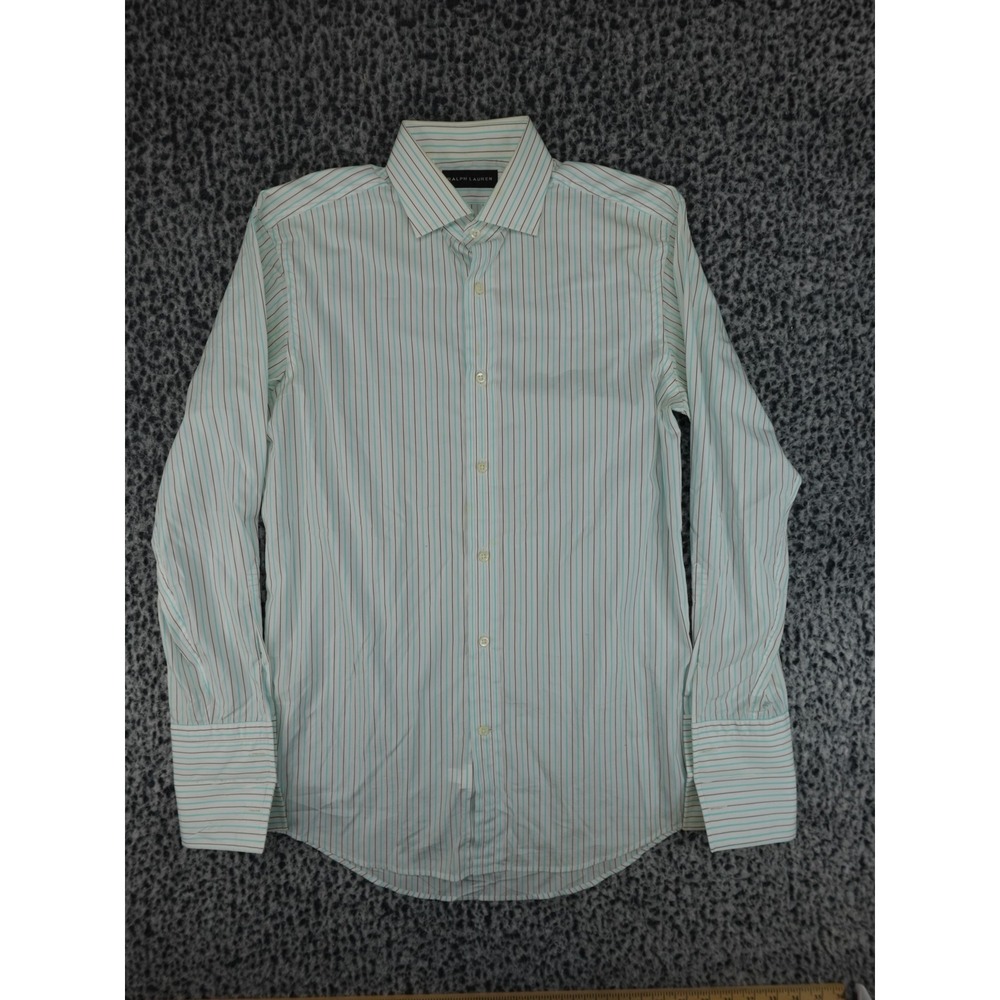 Ralph Lauren Dress Shirt Mens 15 White‎ Teal Striped Good Made in Italy Cotton